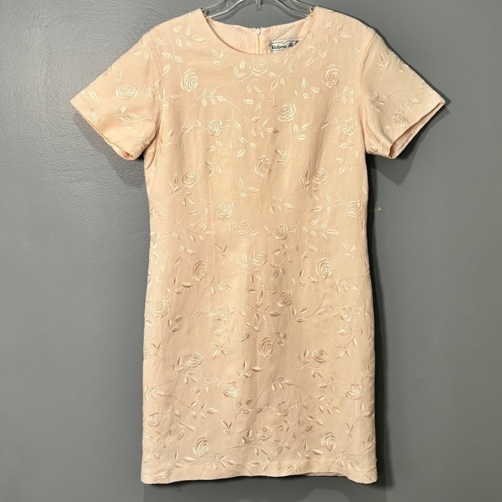 Victoria Holley Dress Womens 12 Peach Linen Blend Floral Embroidered Sheath Boho